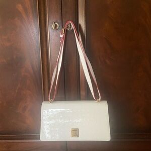 Arcadia White Patent Structured Durable Crossbody Bag with Red Accents